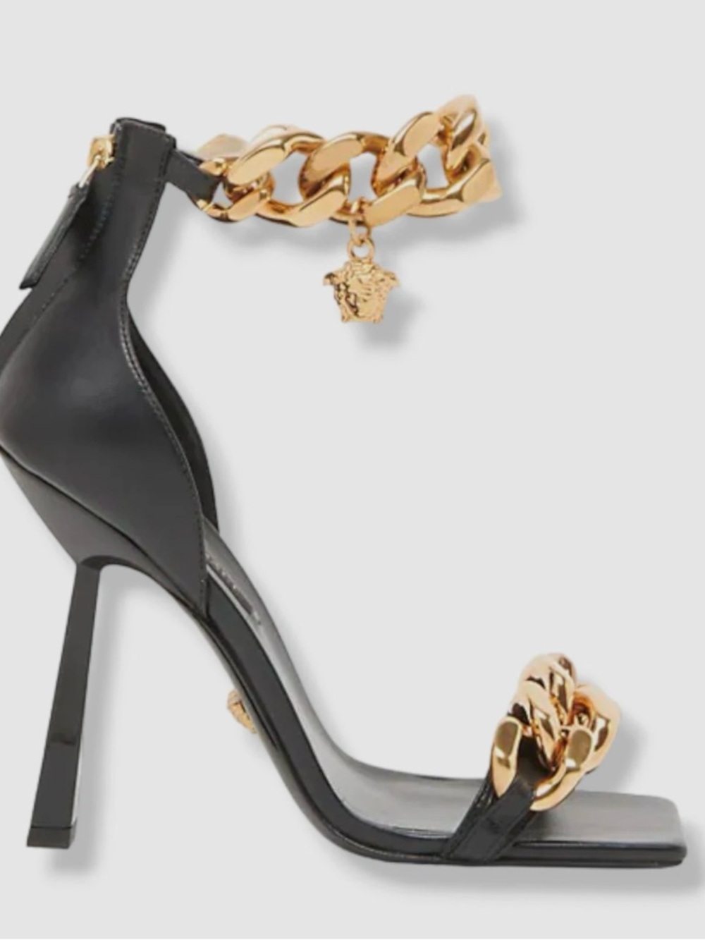 Versace Black Leather Stiletto Sandal with Gold Medusa Medallion